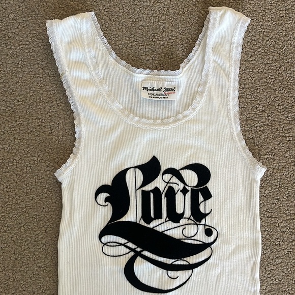 Vintage Michael Stars white wife beater with lace trim "love" One Size - Picture 2 of 5